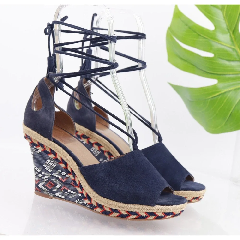 CAbi Womens Isla Sandals Size 8 Navy Suede Tie Ankle Wrap Espadrille Wedge Shoes